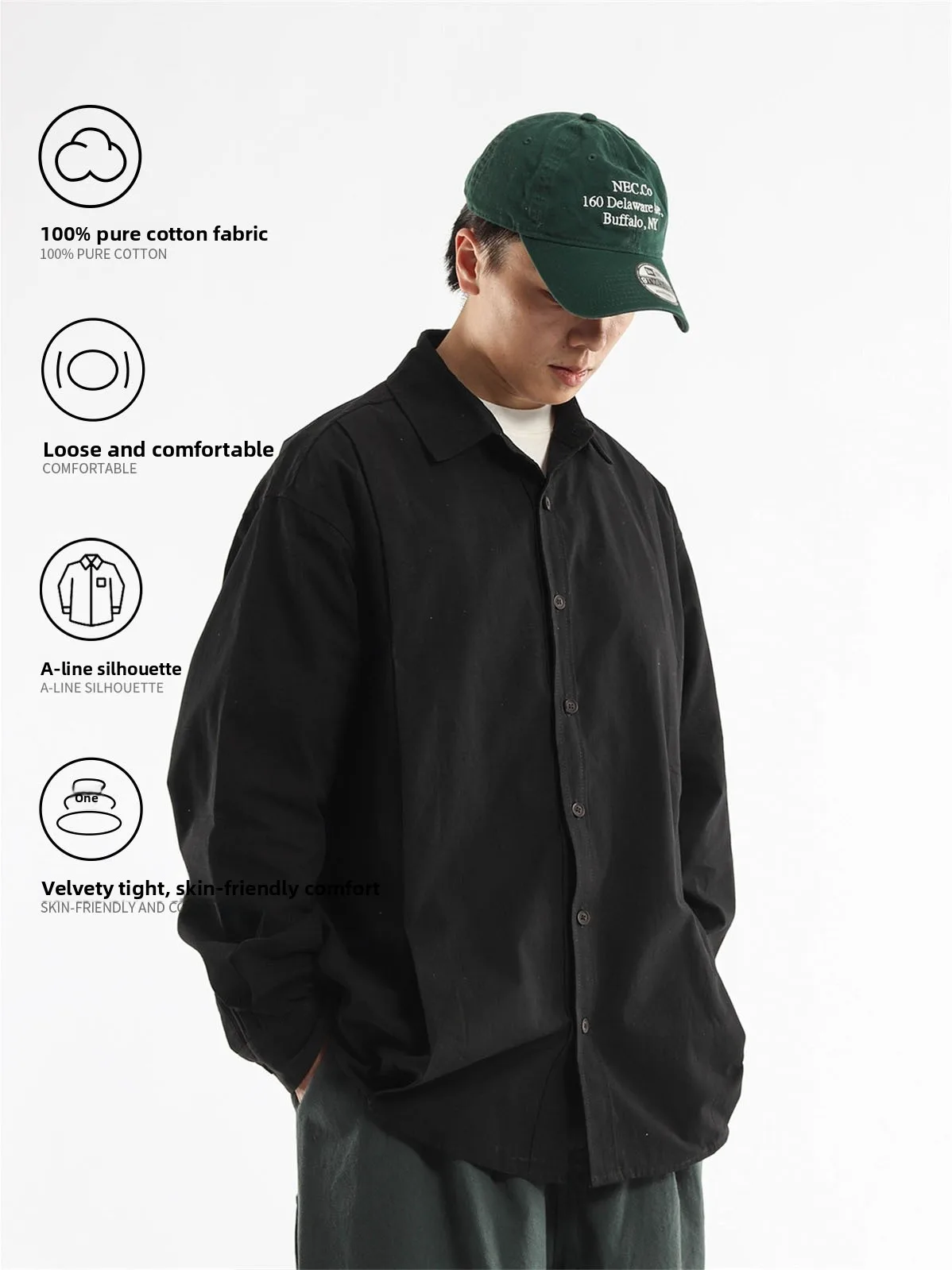 Washed Cotton Work Shirt Loose Fit Long Sleeve Shoulder Drop Cityboy Outdoor Commuting Shirt Jacket Breathable Comfortable Yo...
