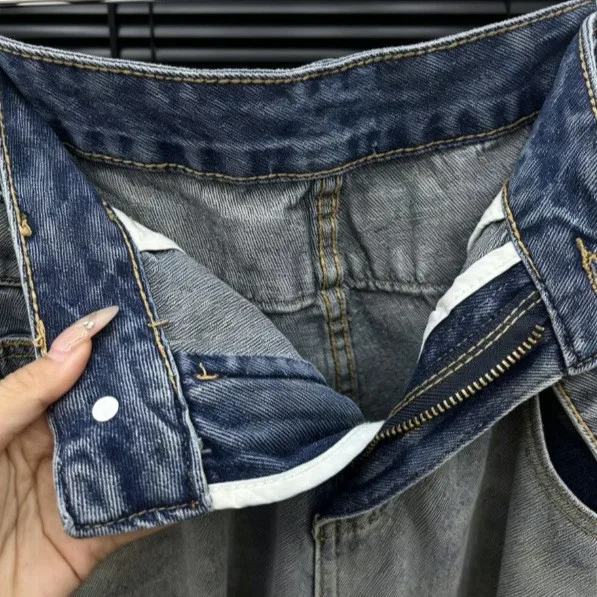 Ripped Wide Leg Distressed Jeans with Casual Pockets Vintage Faded Seven Eighths Washed High Waist No Stretch Women Pants