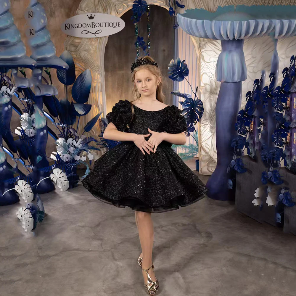 Vestido negro de flores brillantes para boda, lentejuelas de cuello redondo, mangas cortas hinchadas con lazo, vestido de baile de primera comunión de cumpleaños para niños