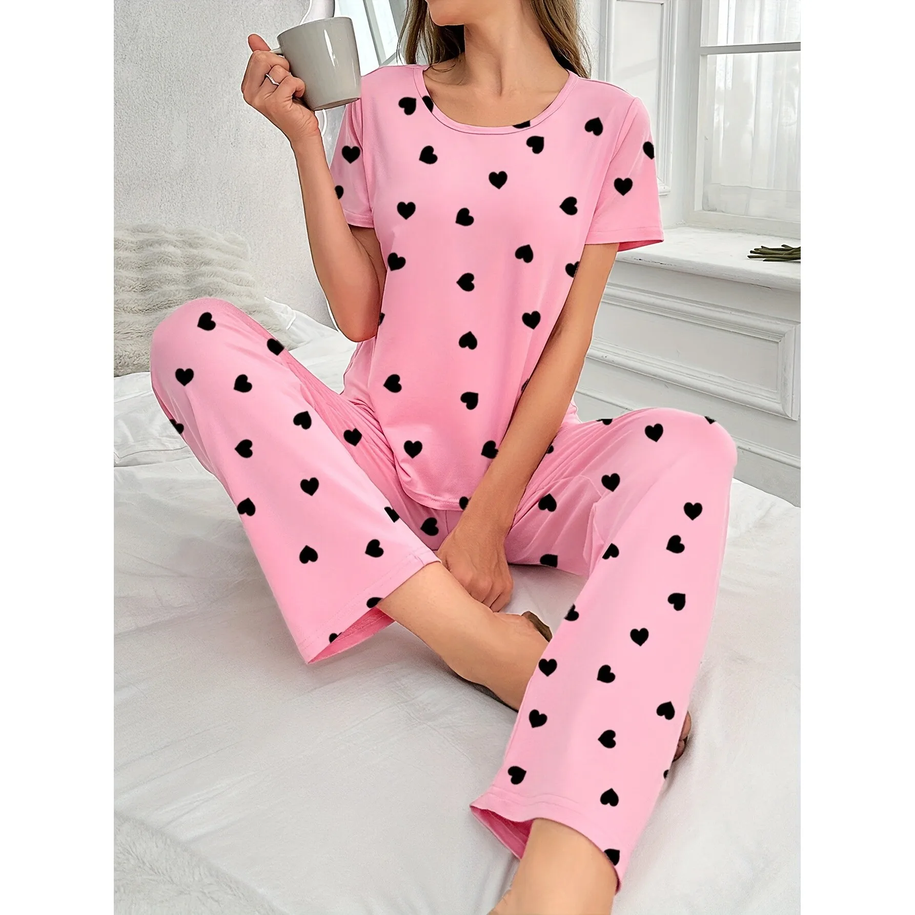 

Women's Summer Pajama Set Heart Print Sleepwear Fashionable Casual Clothing Female Students Work Uniforms Cross-Border
