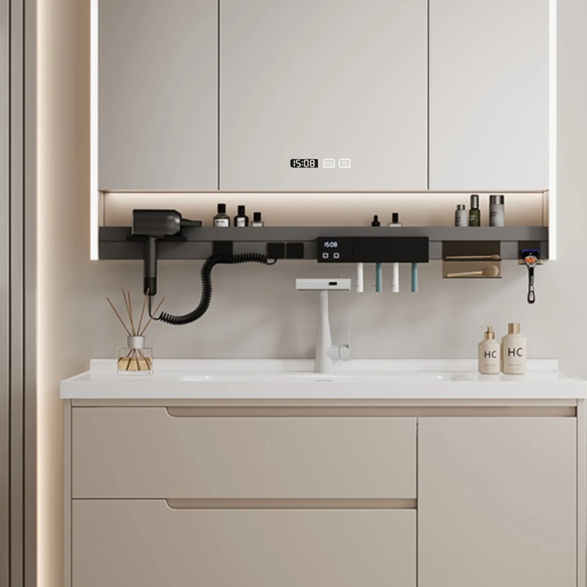 New cream style waterproof bathroom cabinet integrated ceramic basin washbasin bathroom sink simple solid wood intelligence