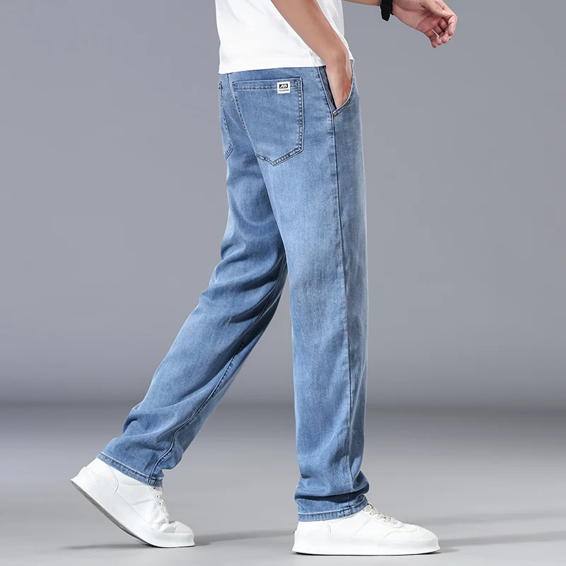 

Fashion Lyocell Men's Jeans Summer Thin Cool Drape Ice Silk Denim Pants Classic Straight Business Solid Color Brand Trousers