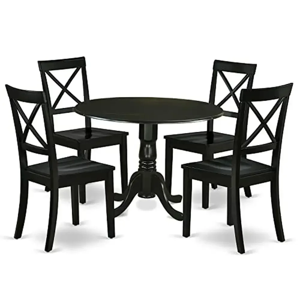 5 Piece Round Black Dining Table Set with Dropleaf Solid Wood Kitchen Chairs Included Modern Design Dining Room Furniture