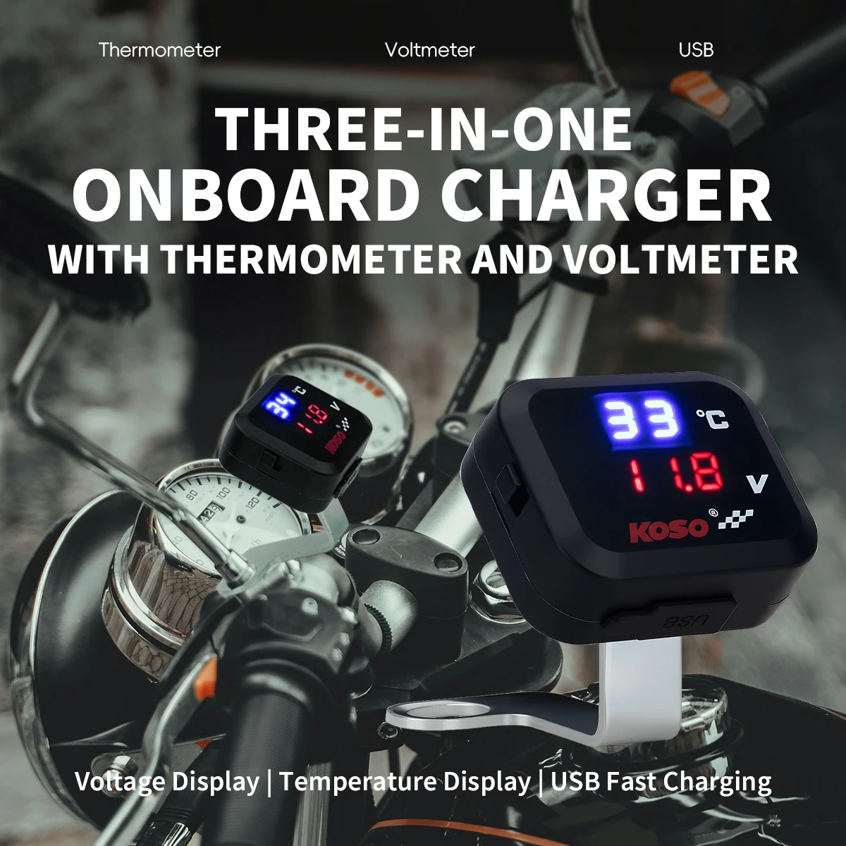 3in1 Mini Water Temperature Gauge Voltmeter Motorcycle Phone USB Charger Emergency Charging Waterproof LCD Digital Display KIT view 2