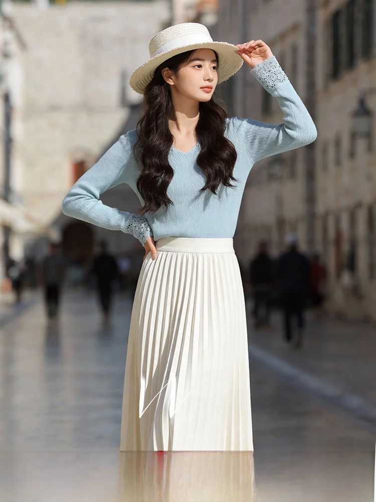 

Slimming Effect Knitted Set V-Neck Long Sleeve High Waist A-Line Skirt Casual Wear Polyester Nylon Wool Blend Spring New Arrival