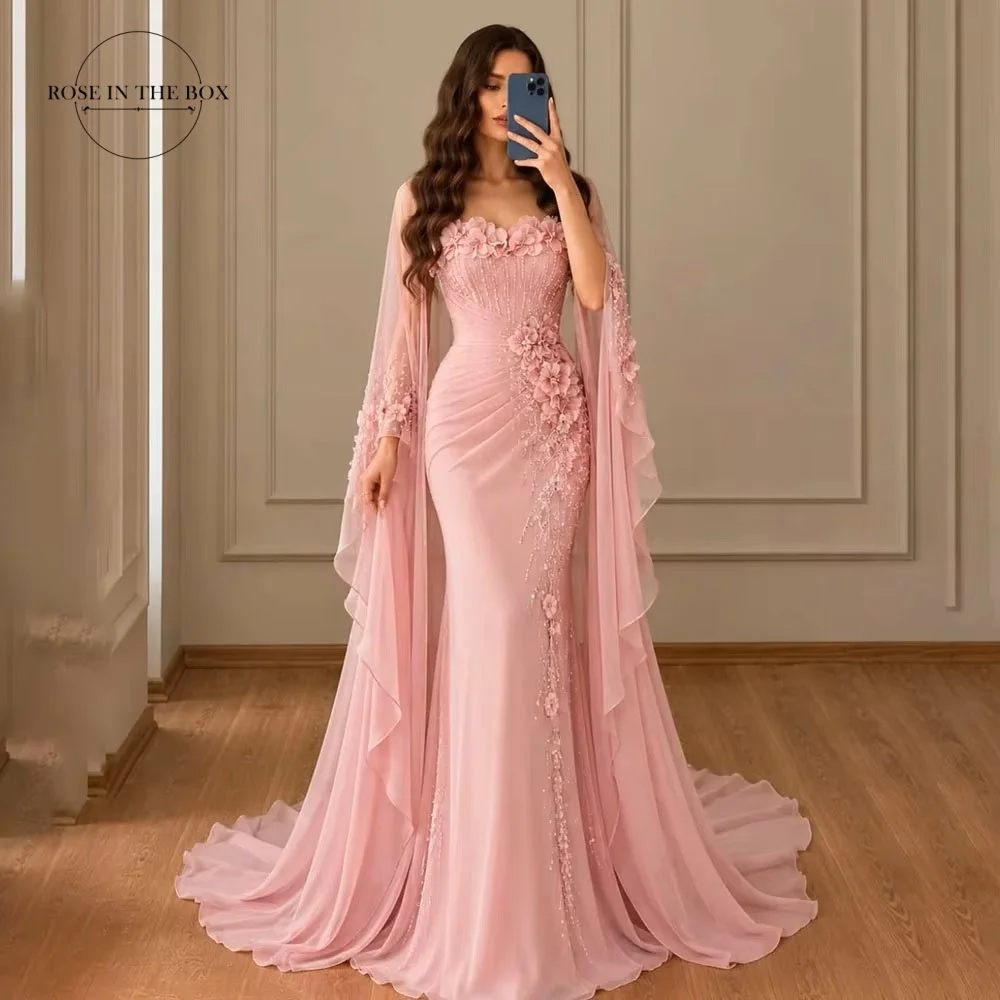 ROSEINTHEBOX Chiffon Appliques Evening Dresses with Detachable Sleeve Mermaid Bodycon فساتين سهرة Empire Waist Party Gowns