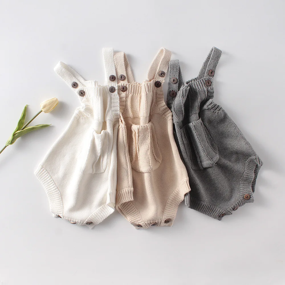 INS Knitted Romper 0-2Years Newborn Baby Boy Girl Solid Color Sleeveless Pocket Knitwear Bodysuit Outfits Spring Fall Clothes