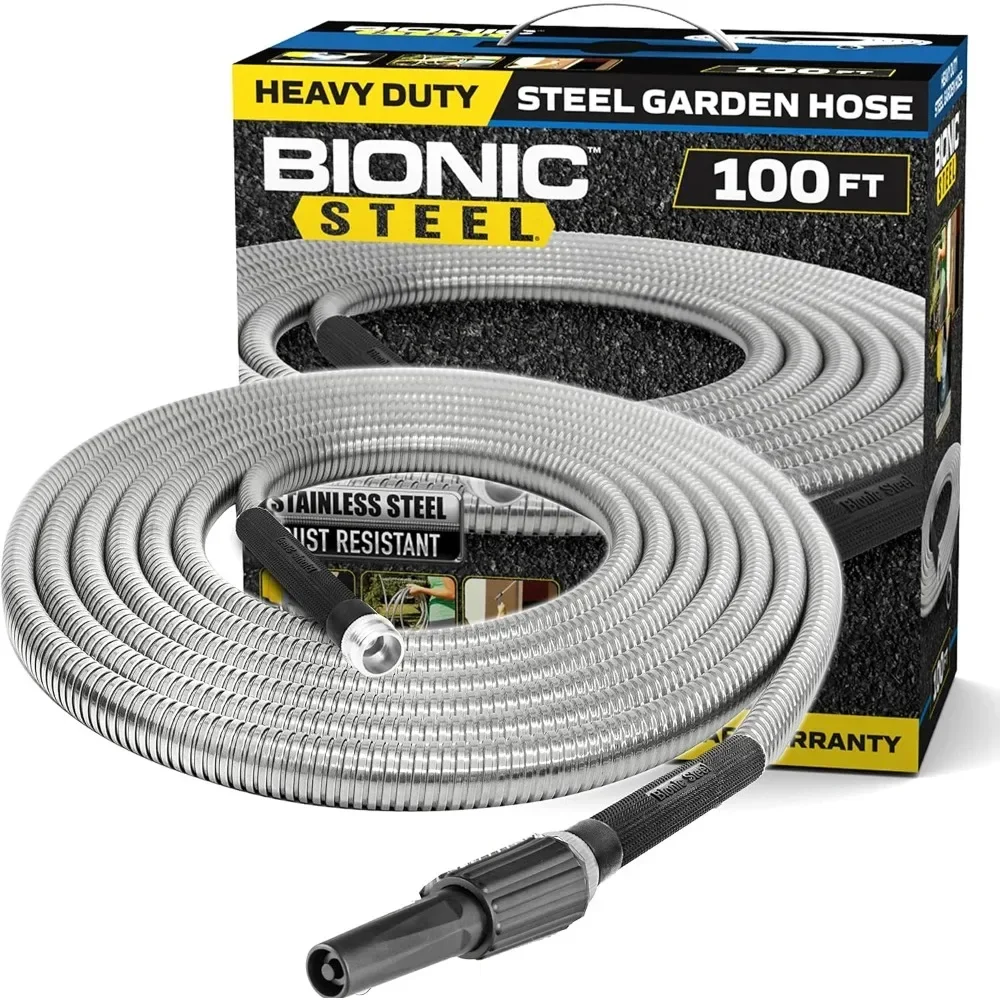 Metal Garden Hose 100 Ft with Nozzle, 304 Stainless Steel Water Hose 100Ft, Flexible Hose, 100 Ft Garden Hose,Kink Free