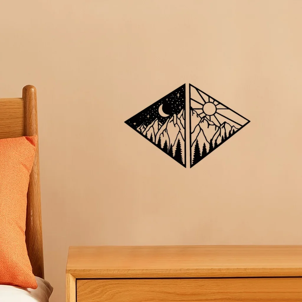 Decoración colgante de pared de Metal para el hogar, decoración de Arte Moderno, sol, luna, montaña, 2 piezas