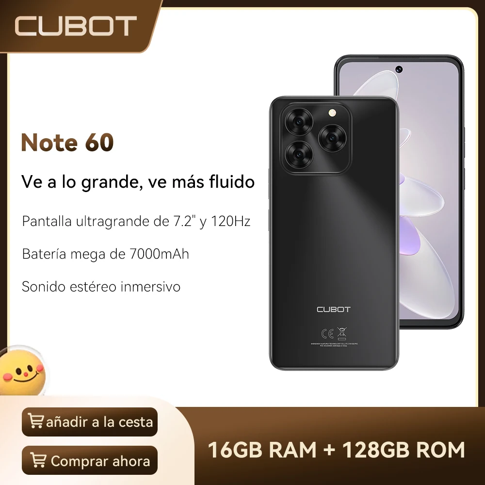 Smartphone Android Cubot Note 60, Octa-core celulares baratos, pantalla grande de 7,2 pulgadas y 120 Hz, batería Mega de 7000 mAh, 16 GB de RAM (6+10 GB ampliables), 128 GB de ROM, altavoces duales, protección IP65, 4G mobile phones, NFC telefono celular
