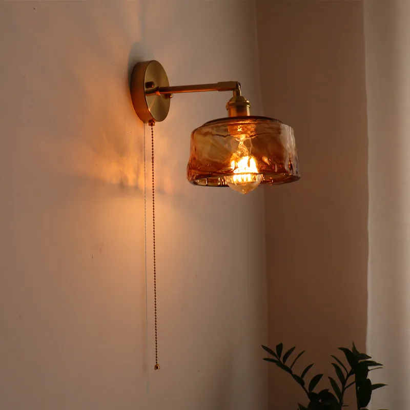 

Japanese retro brass glass wall lamp bedroom bedside lamp bathroom cloakroom background wall pull wire switch lamp