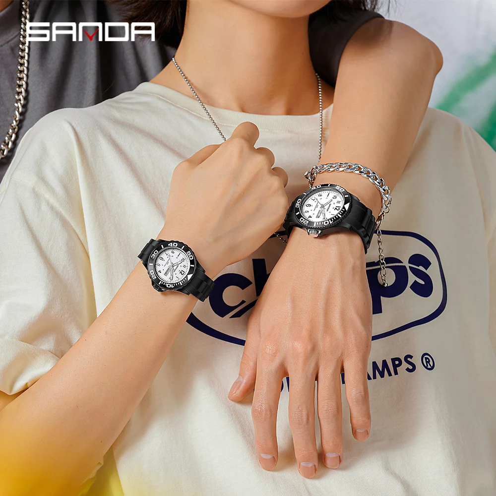 Sanda jam tangan pria jam tangan silikon hitam kalender lengkap mewah merek Top jam tangan Analog Relojes De Lujo Para Hombre