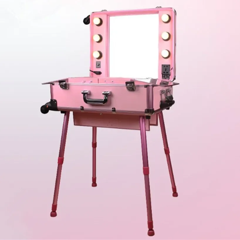 

Aluminum Frame Professional Rolling Studio Makeup Artist Cosmetic Case Beauty Trolley Suitcase LED Light Mirror Box Pink Luggage