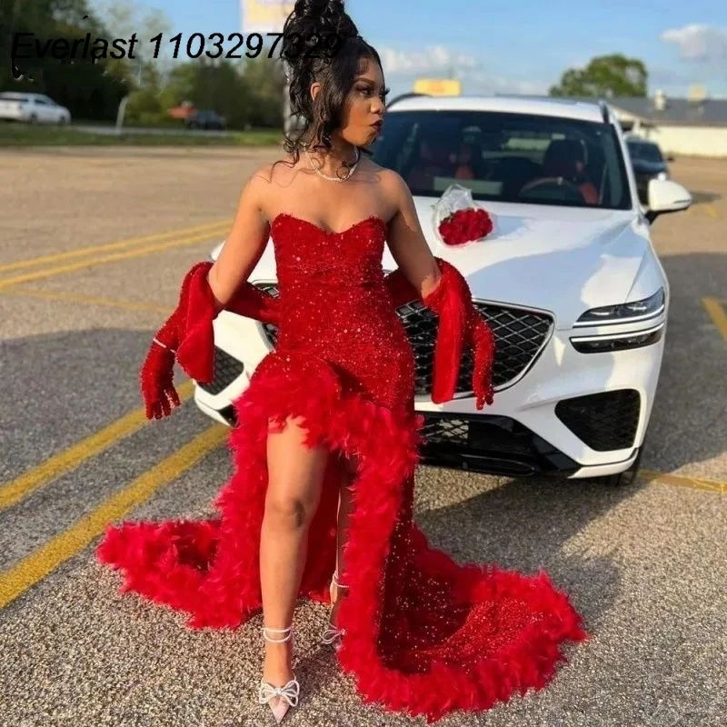 EVLAST Customized Red Mermaid Prom Dress For Black Girl 2024 Sweetheart High Split With Wrap Evening Gowns Robe De Soiree TPD40