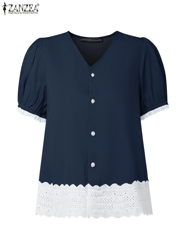 

ZANZEA Women Summer Shirts Fashion Denim Blouse 2025 Lace Patchwork Casual Tops Buttons Short Sleeve V-Neck Tunic Sweet Blusas