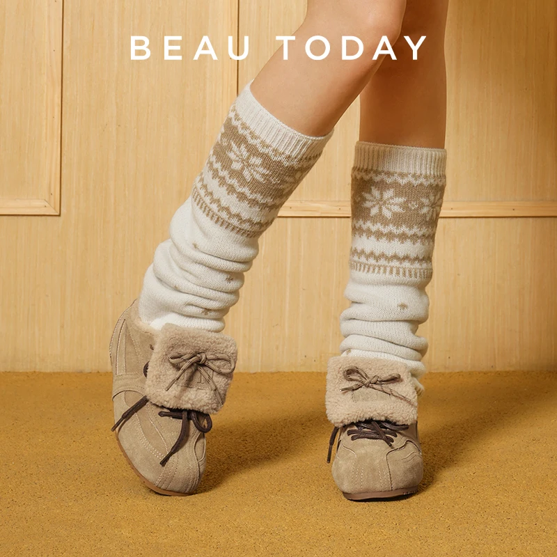 

BEAUTODAY Furry Trainers Women Cow Suede Round Toe Solid Color Turned-over Edge Sneakers Lace-Up Ladies Shoes Handmade 29975