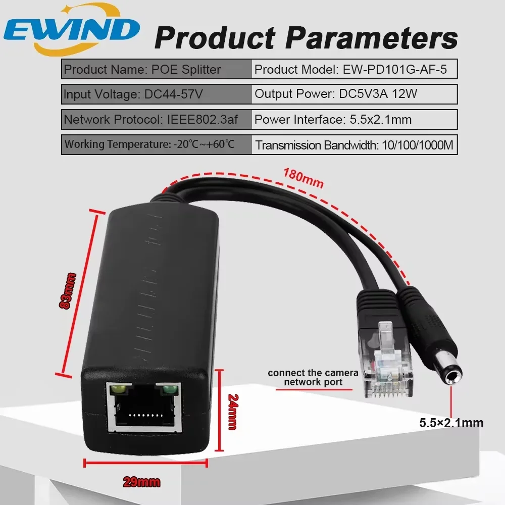 EWIND جيجابت POE الفاصل 48 فولت إلى 5 فولت 12 فولت مايكرو USB/Type-C/DC 10/100/1000 ميجابت في الثانية الطاقة عبر إيثرنت مع كابل القطع POE المعزول