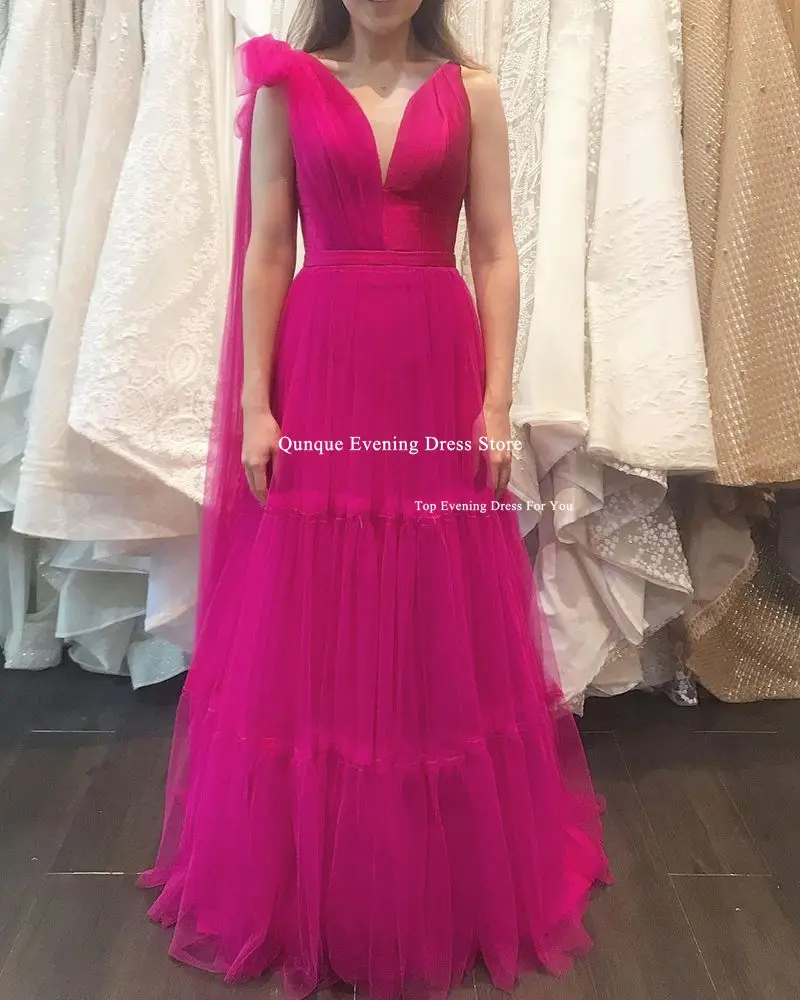 Qunque Fuchsia Tulle Prom Dresses V-neck One Shoulder Party Dresses With Bow Long Evening Dresses Wedding Party Gowns Customized