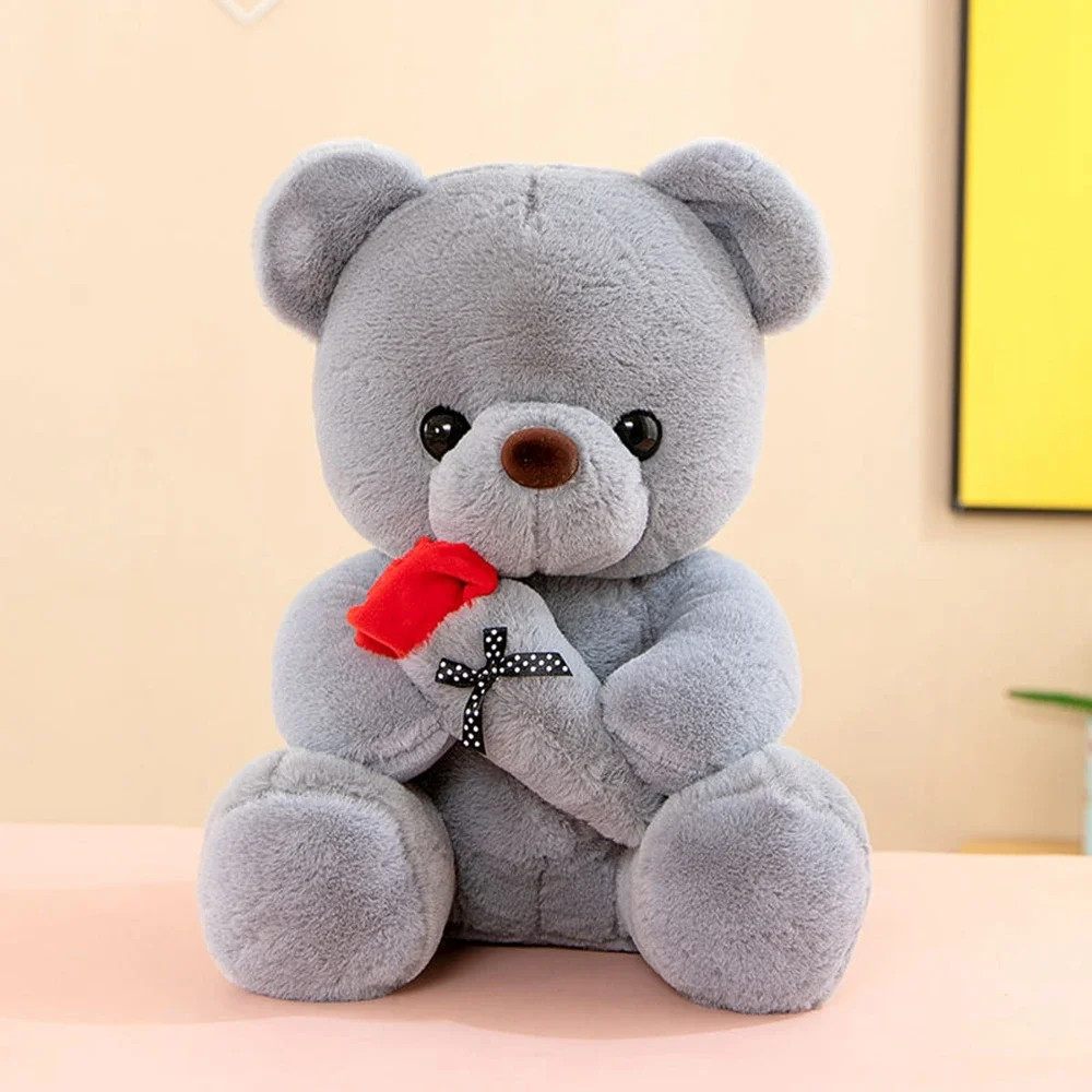 25CM Lover Rose Teddy Bear Holding Flowers Solid Color Super Soft Bear Doll Sent Lover Friend Birthday Festival Wedding Gift