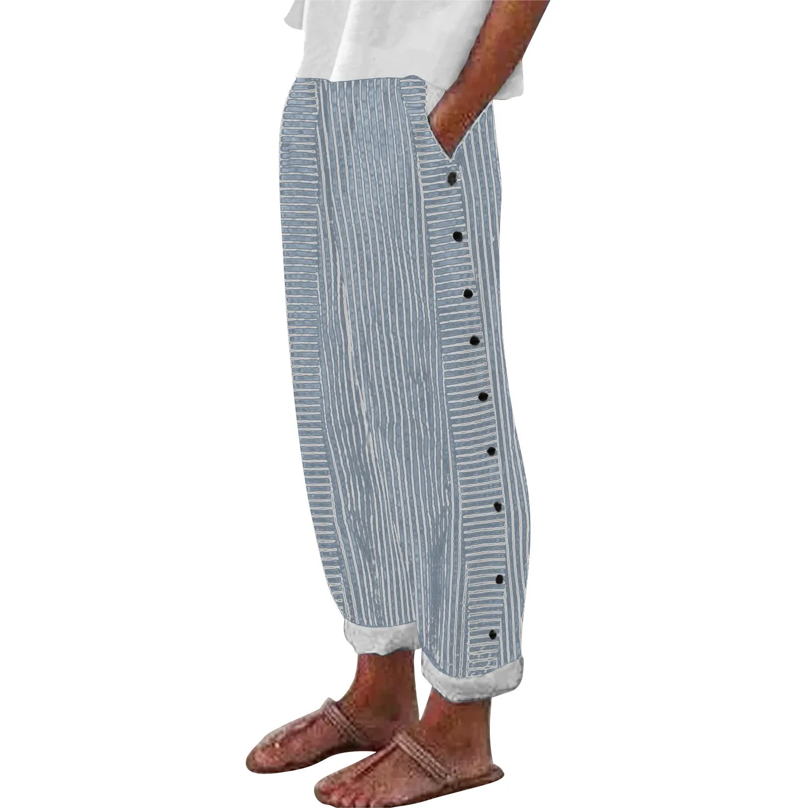 Fashion Pants Side Buttons Nine Point Pants Loose Casual Pants Cotton And Linen Striped Elastic Waistband High Waistband Pocket