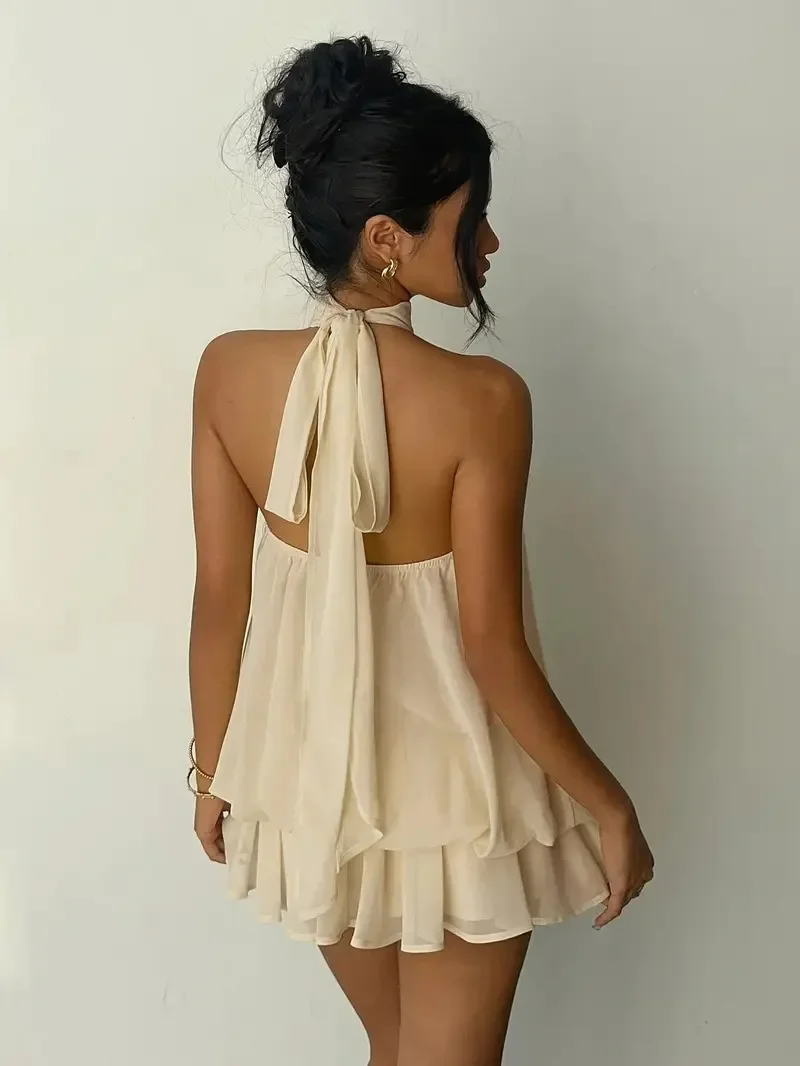 Damen Chiffon-Minikleid mit Neckholder, ärmellos, mehrlagig, mit Rüschen, fließend, einfarbig, locker, A-Linie, Sommer-Party, Strand, Freizeit-Sommerkleid – Detail 9