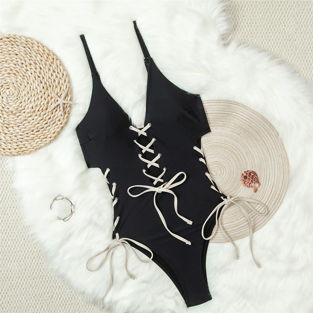 XS - L, tiefes V-Ausschnitt-Design, mit Schnürung, Damen-Badeanzug, einteiliger Badeanzug, Damen-Badeanzug mit hohem Beinausschnitt, Monokini, Badebekleidung, Badeanzug, V7806. – Detail 4