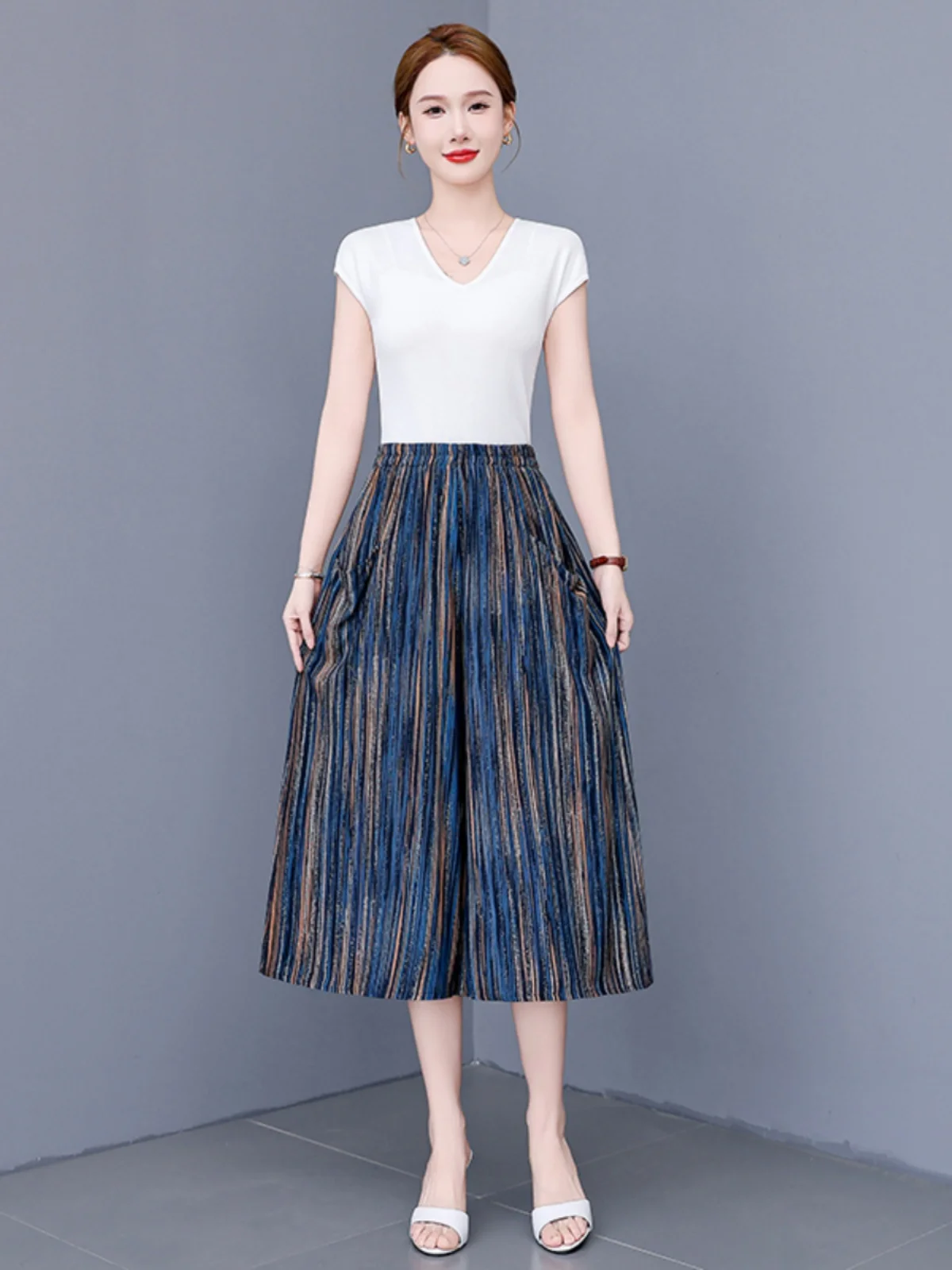 الصيف السراويل كبيرة الحجم النساء جديد لينة فضفاضة مرونة الخصر مخطط بنطال ذو قصة أرجل واسعة الصيف Vintage الملابس عالية الجودة E8837