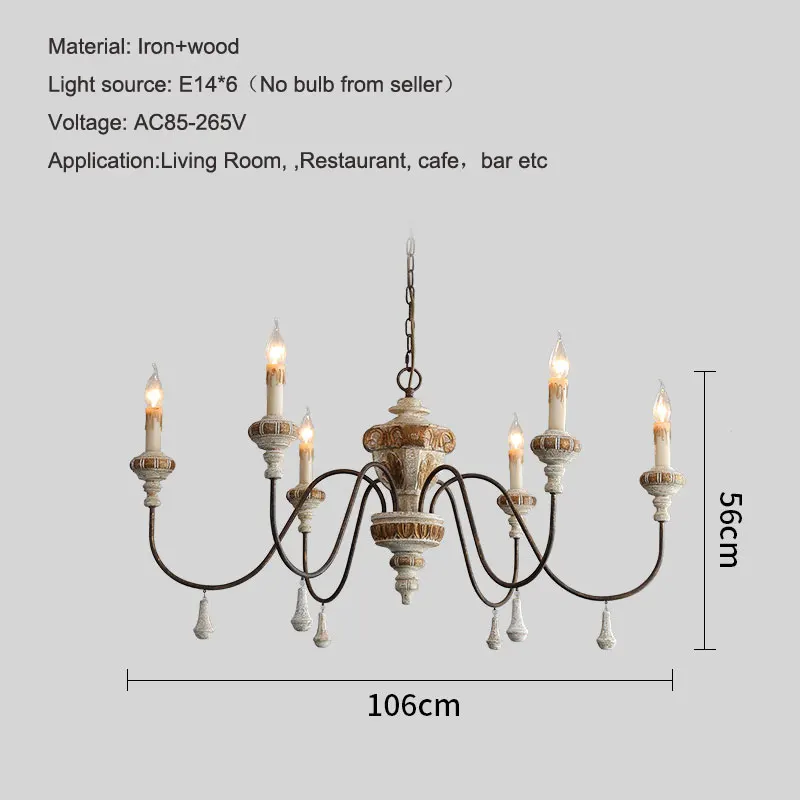 American Rural 6 Heads French Solid Wood Chandelier Living Room Dining Room Kitchen Retro Villa Hotel Bedroom Pendent Lamp