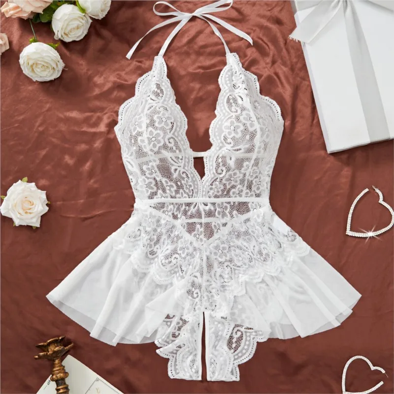 

4XL Ultra-sexy Teddy Deep V Erotic Lingerie Lace Open Bra Crotchless Sleepwear Adult Female Underwear Transparent Bra Bodysuit