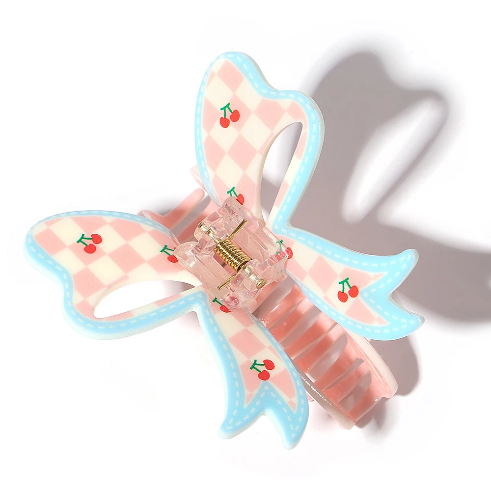 Sweet Pink Lattice Cherry Bowknot Large Size Hair Claw Clip For Women New Ponytail Geometric Hairpin Hair Accessories Headwear
