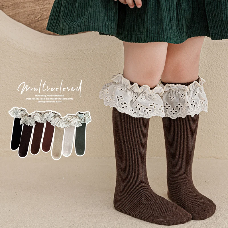 

Adorable Kids Girls Solid Color Hollow Out Embroidered Big Ruffle Edge Stacked Socks Stretchy Lightweight Soft Comfortable Socks
