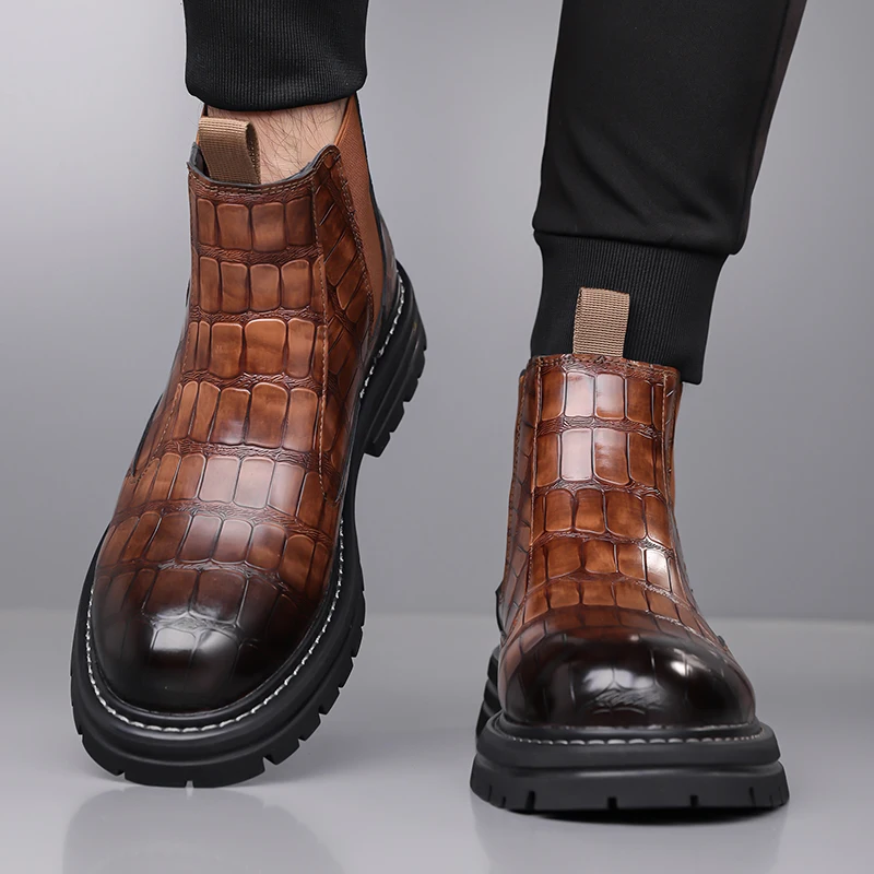 Classic Retro British Style High Top Business Men's Leather Boots Brand Comfort Chelsea Boots Thick Soled Non Slip Casual Boots