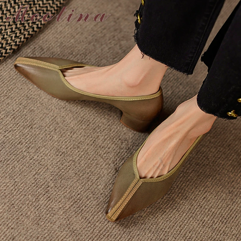 

Meotina Women Genuine Leather Round Toe Block Mid Heels Shallow Ladies Sheepskin Fashion Casual Pumps Autumn Spring Brown Shoes