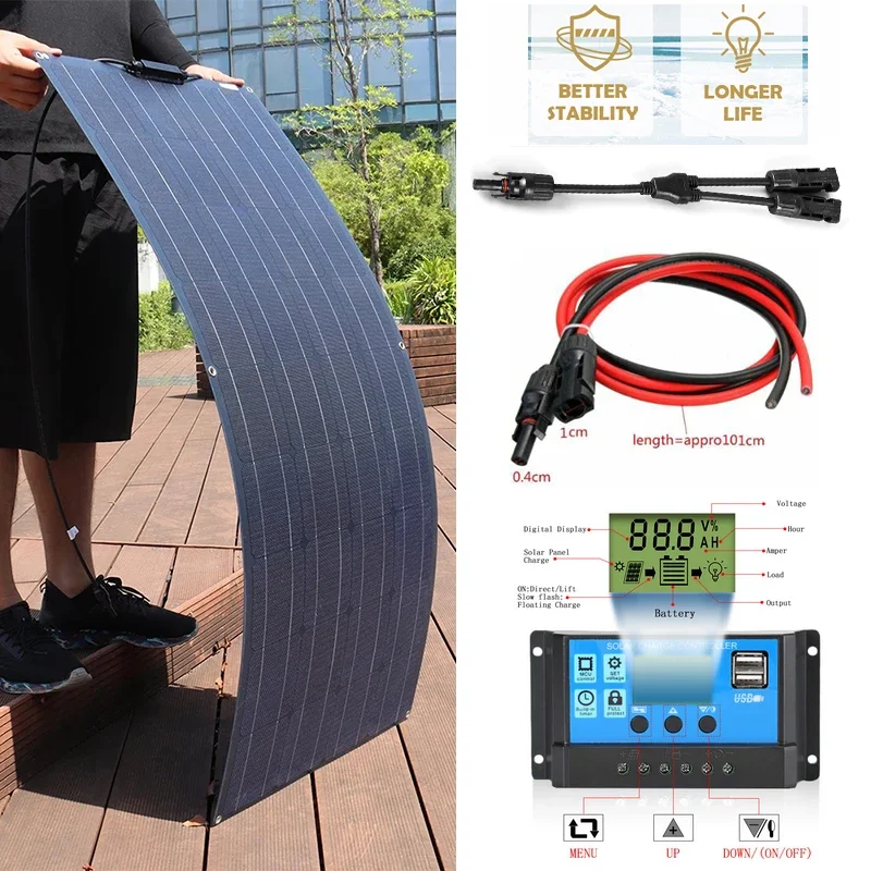 

Flexible 200W Monocrystalline Sola Cell Solar Panel 970*540mm 18V Power Charger for Outdoor Camping Yacht Motorhome Car RV Boat