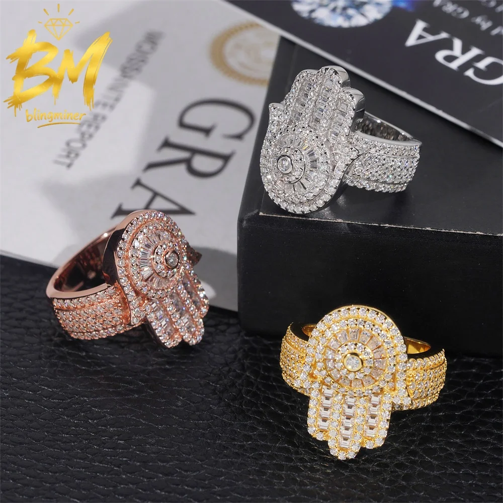 Blingminer Hamsa Hand VVS Moissanite Rings For Men Women S925 Silver Finger Jewelry Pass Diamonds Tester GRA Free Shipping