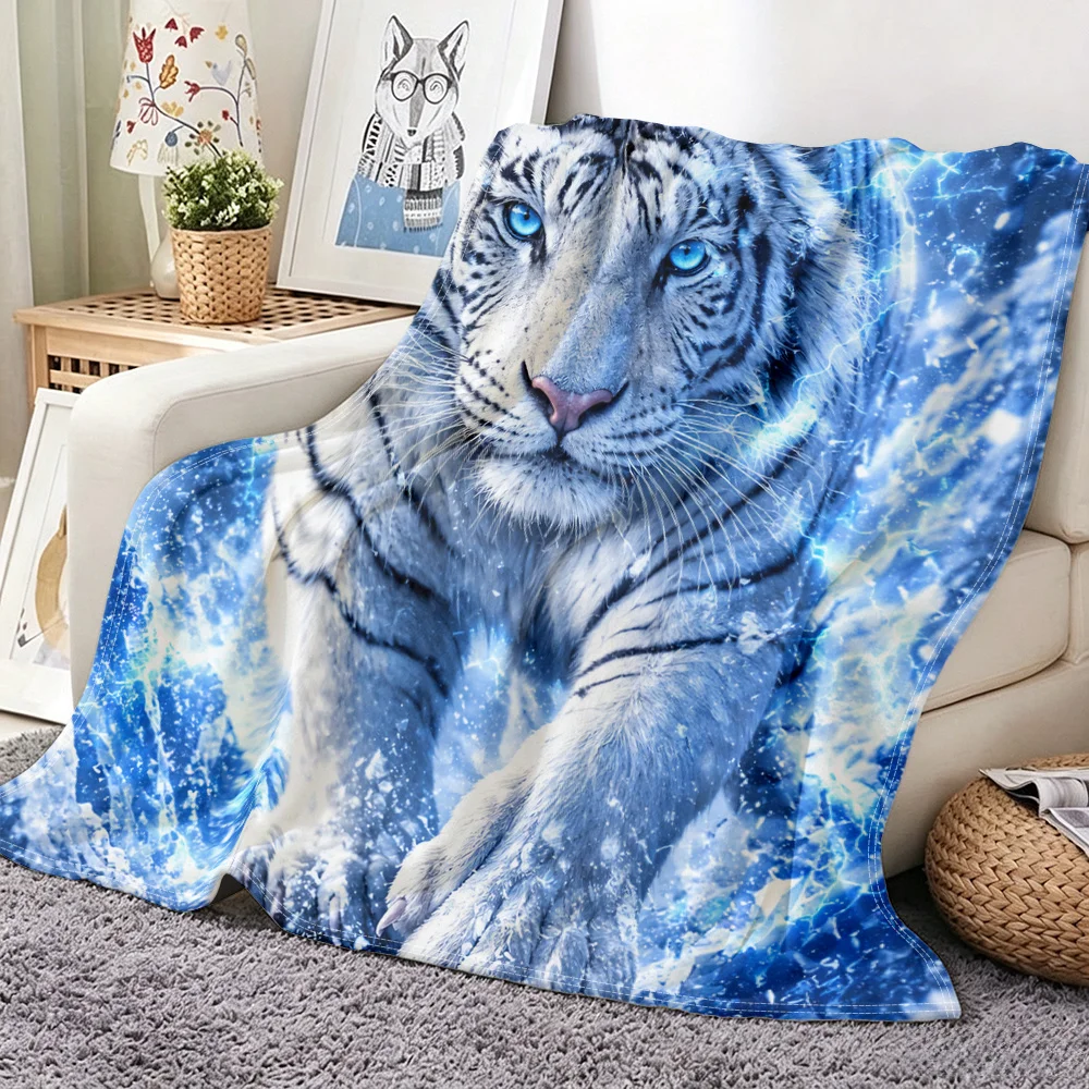 Vivid Blue Electric Tiger Portrait Throw Blanket Cozy Home Decor Gift for Animal Lovers