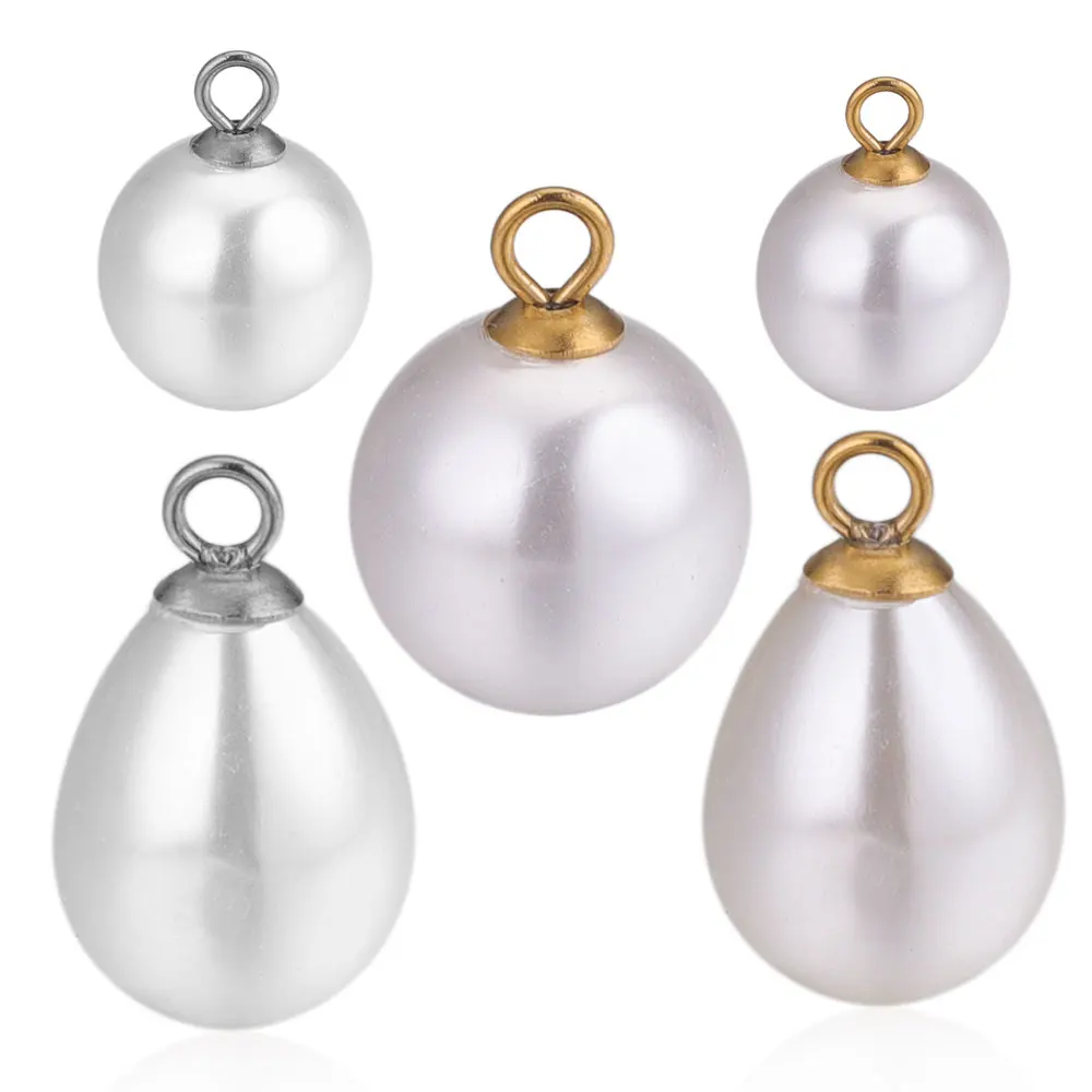 10pcs 8/12/14/16MM White Round Drop Imitation Pearls Earrings Charm Beads Stainless Steel Pendant for Jewelry Making Wholesale