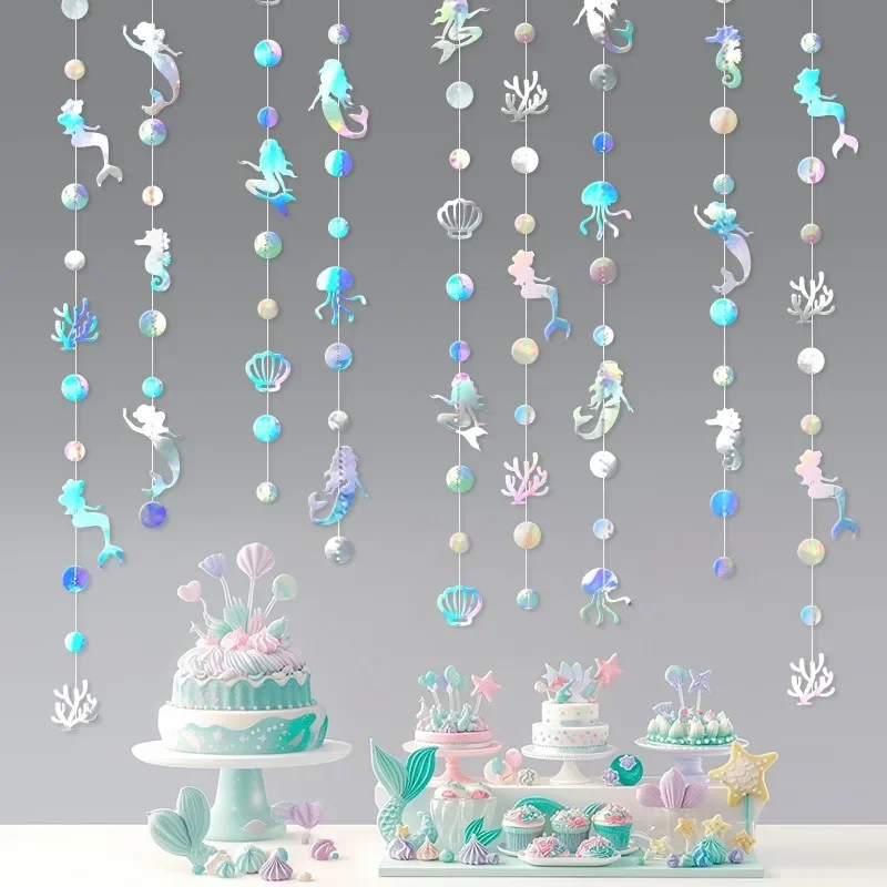 海の下でマーメイドハンギングガーランド、タノオトシゴレーザー、クラゲ、紙バナーの装飾、誕生日パーティー、9フィート