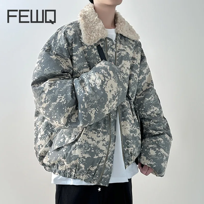 FEWQ Detachable Fur Collar American Camouflage Men Cotton Jacket Contrast Color Long Sleeve Male Tops Korea Fashion 21Z7058