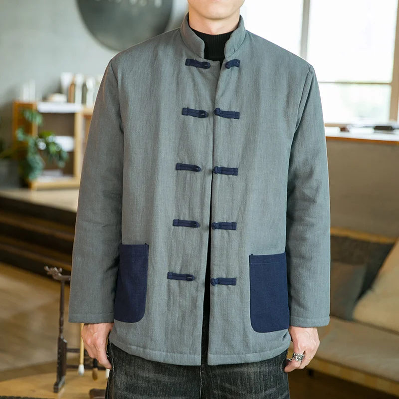 

Winter Chinese Style Cotton Linen Stand Collar Vintage Parkas Men Clothing Loose Plus Size Heavy Jacket Simple Tang Dress Coat