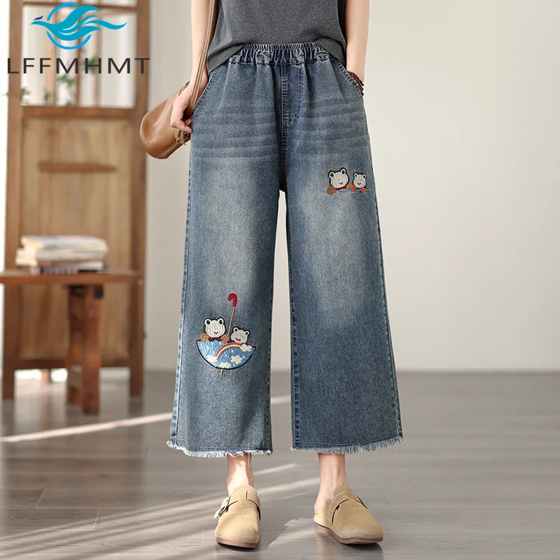 

Retro Rough-edged Women's Jeans Loose-fitting Embroidered Casual Wide-leg Female Straight Denim Capri Pants
