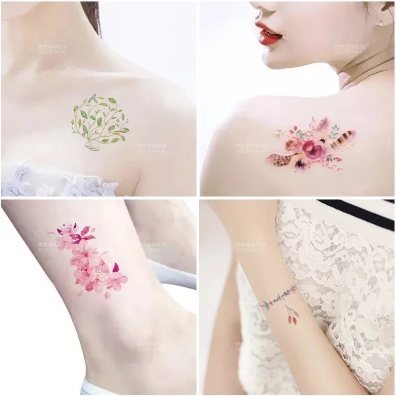 60pcs/set Watercolor Flower Temporary Tattoos Stickers Small Buttefly Fox Line Fake Tattoss for Women Girls Hand Finger Tatuajes