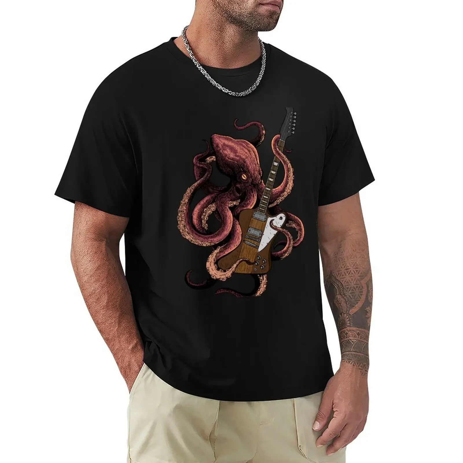 Octopus playing Guitar T-Shirt quick-drying sports fans tops t shirt men 100℅ cotton