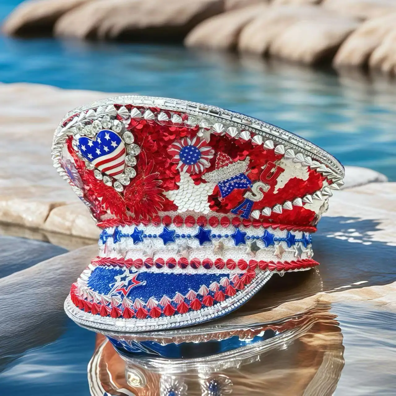 HongLuan Cappello da capitano con anello in pelle laser giallo con strass e berretti militari per donna, accessori per festival rave e berretto da festa da uomo