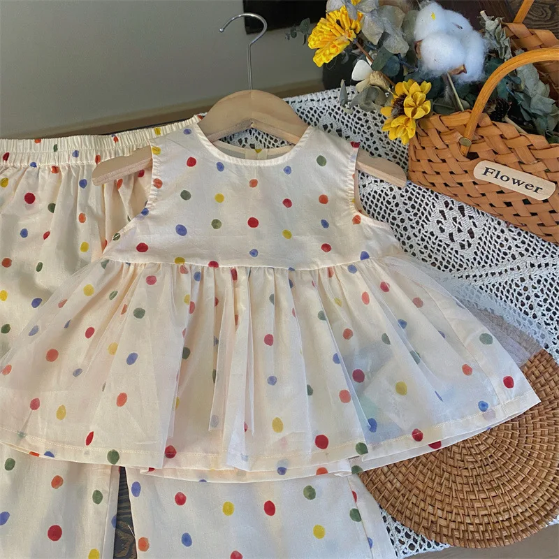 Children\'s Clothing Sets Color Polka Dot Sleeveless Top + Wide Leg Pants 2pcs Toddler Girl Clothes Kids Boutique Clothes