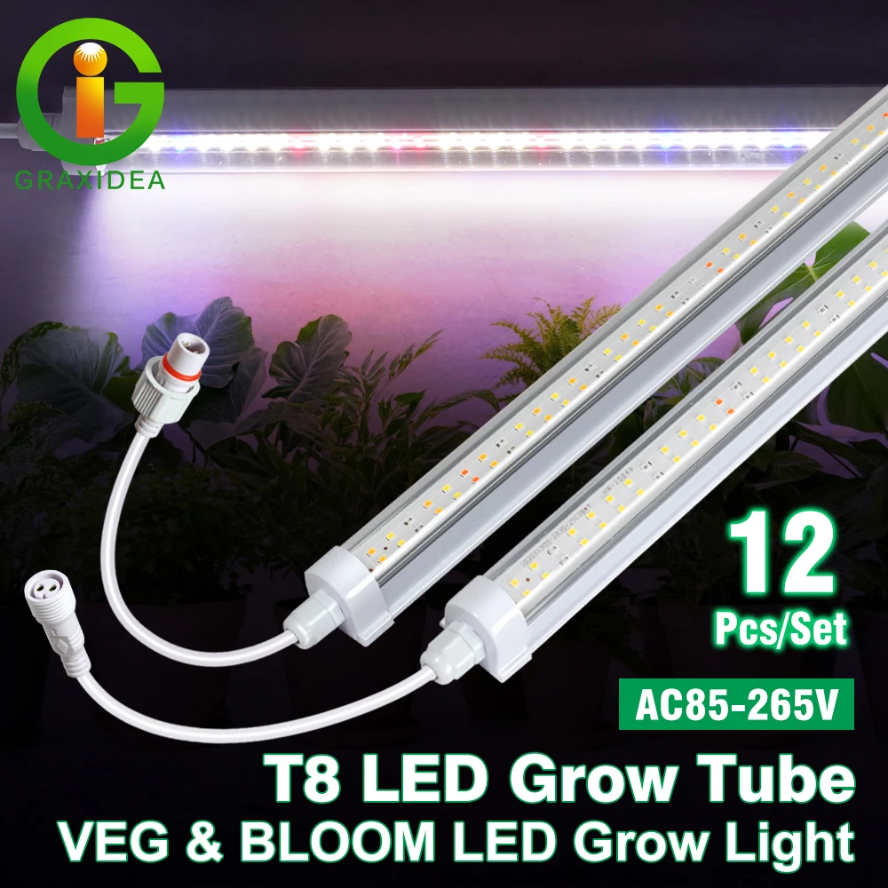 Tubo LED per Coltivazione T8 con Chip SMD 2835, 12 Pezzi/Set, AC85-265V, Adatto per Piante, Alberi da Frutto, Succulente, Crescita e Fioritura