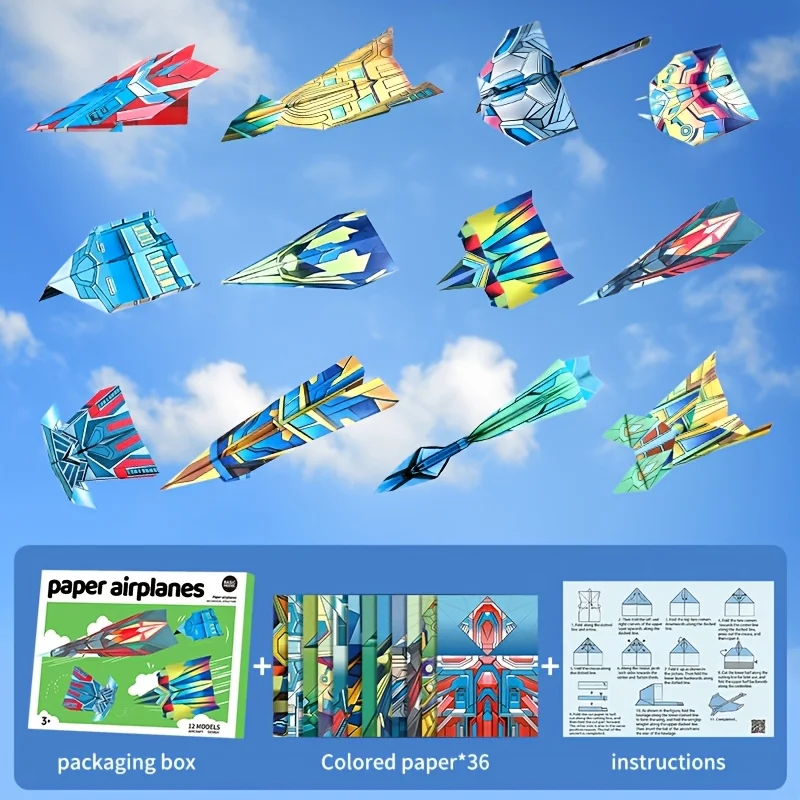 Origami Airplanes for Kids, 36 Paper 12 Model Planes DIY Flying Craft Kit, Fun Arts Toy for Boys Girls Ages 3+ In/Outdoor Play