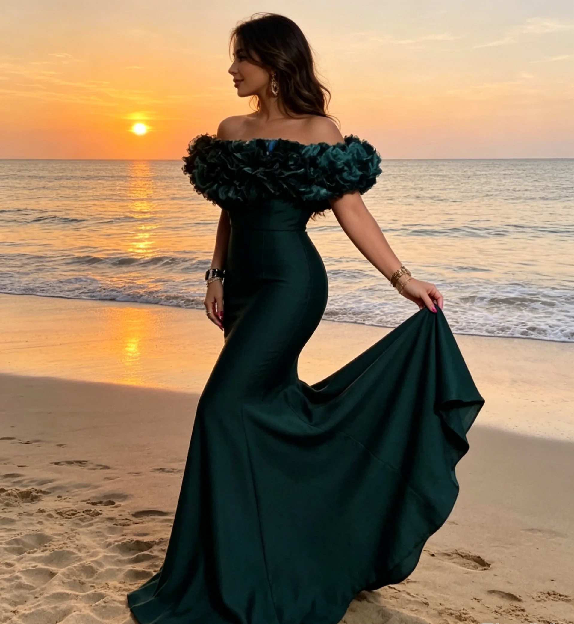 Drunk Sugar European Style Ruffle Off Shoulder Stretch Knit Slim Dress Women With Anti-glare Lining Small Train Dress