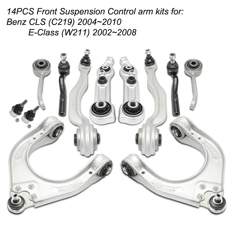 14PCS Control Arm with Ball Joint and Bushing Stabilizer Link Tie Rod Kits For Mercedes Benz E Class W211 CLS C219