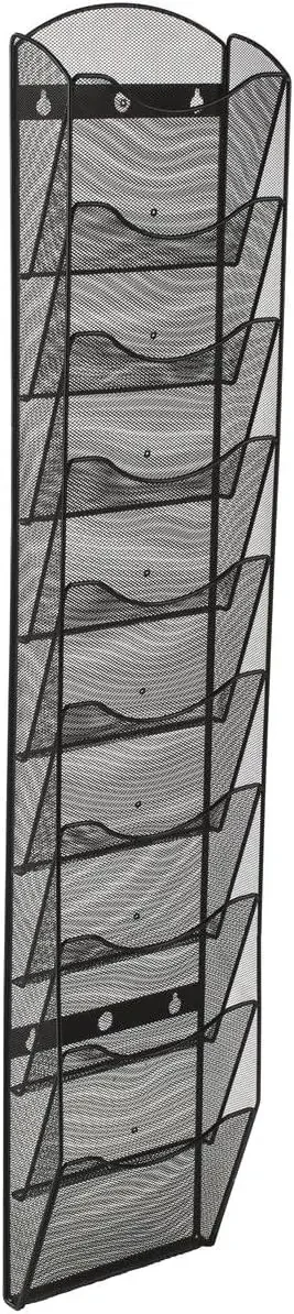 Wall Mount Literature Rack, File Folder Organizer, 10 Dividable Pockets (Black Steel Mesh)